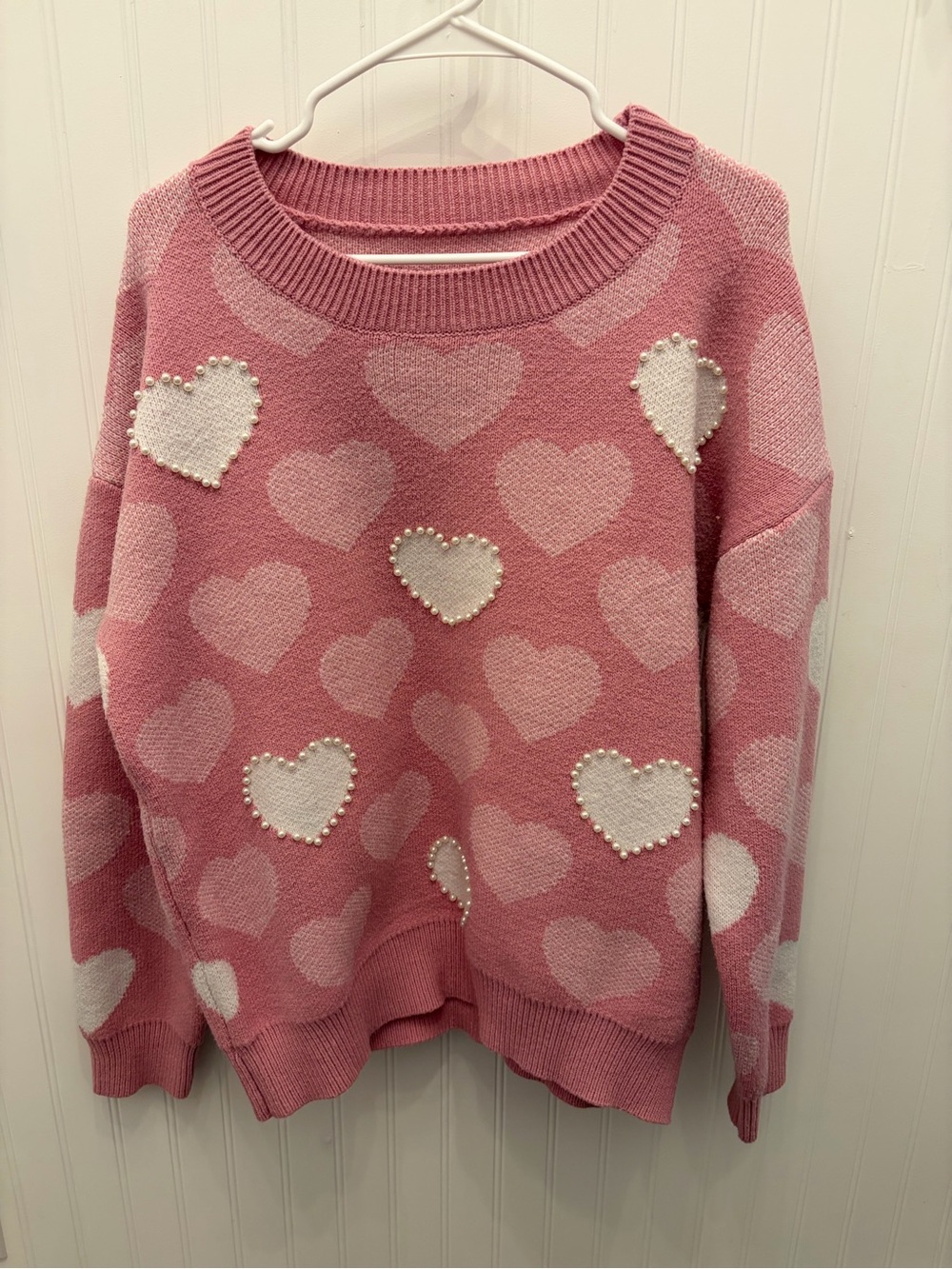 Pink Heart Pattern Pearl-Accent Sweater
